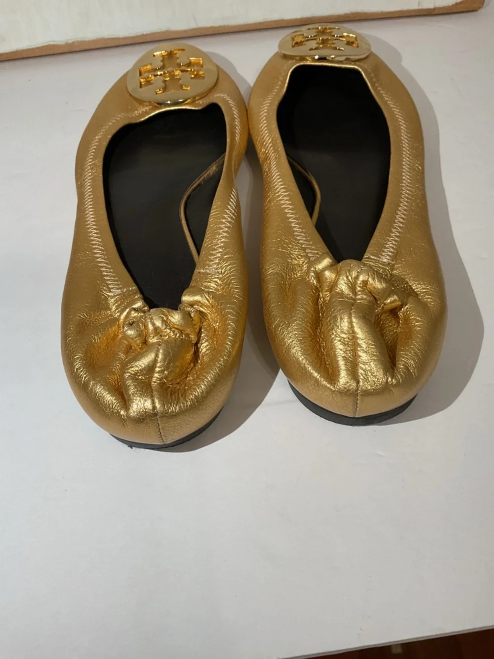 Tory Burch Metallic Gold Logo Ballet Flats